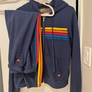 Aviator Nation Womens Blue Hoodie and Pants with Rainbow Stripes